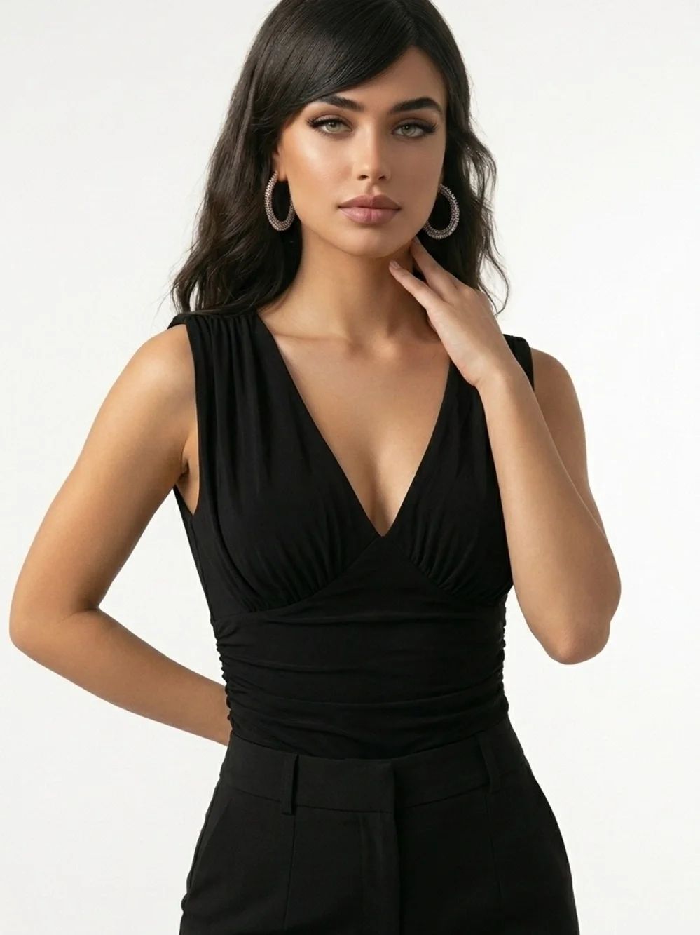 EXPRESS | Sleeveless V-Neck Black Gathered Body Contour Bodysuit Women’s Size XS